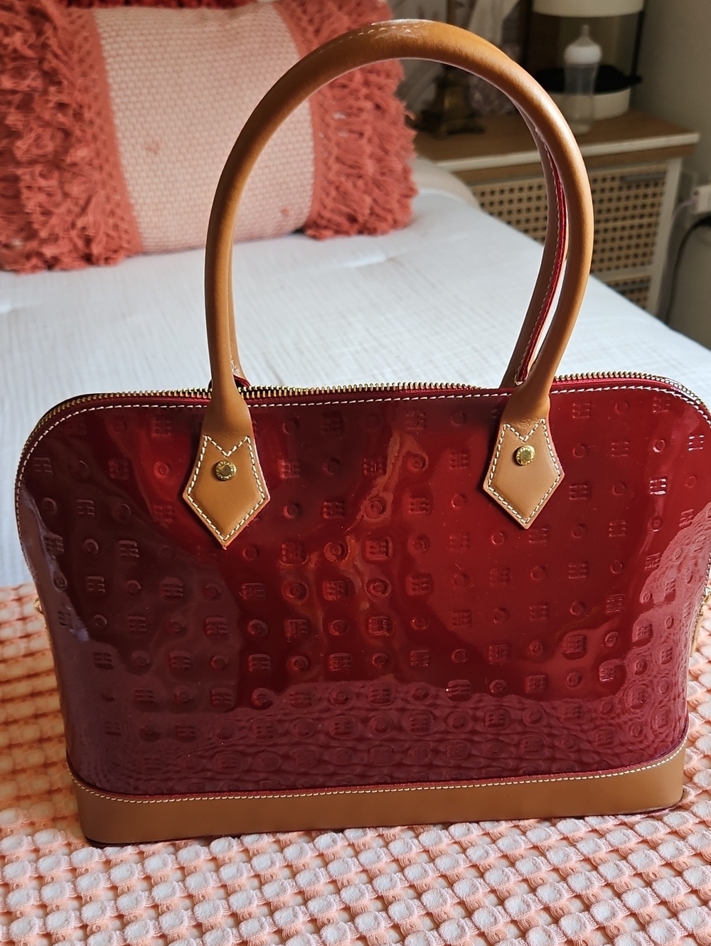 Arcadia Red Patent Satchel with Tan Trim